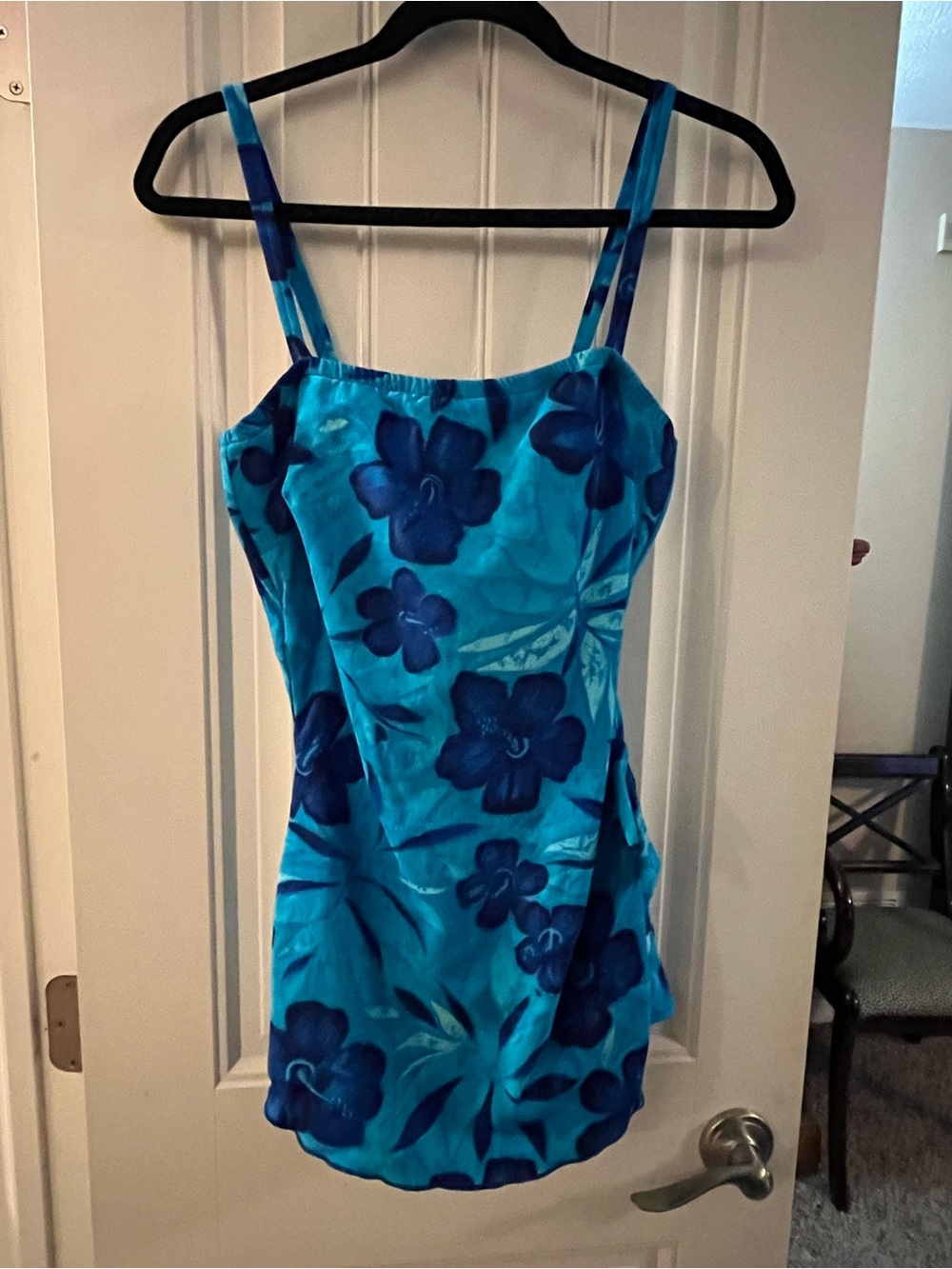 Vintage Roxanne Blue Floral One-Piece Swim Dress, size 16 (38D)